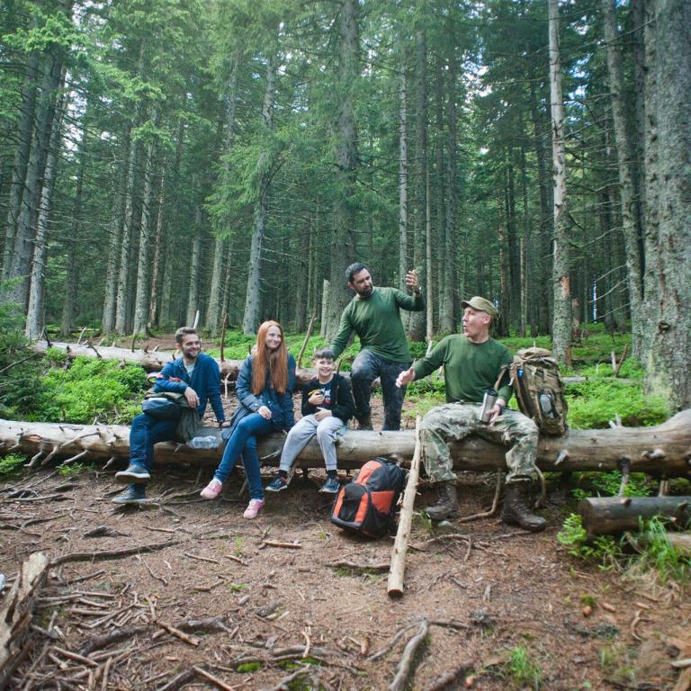 Freunde im Wald auf einem Holz sitzend